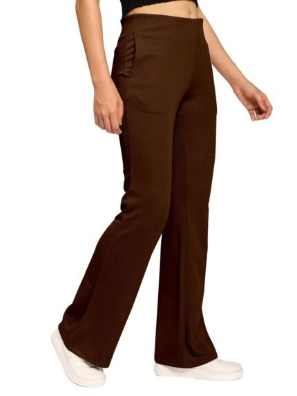 Mehrang High Waisted Wide Leg Ribbed Knit Trousers with Pockets | Casual and Stretchy Pants | for Women