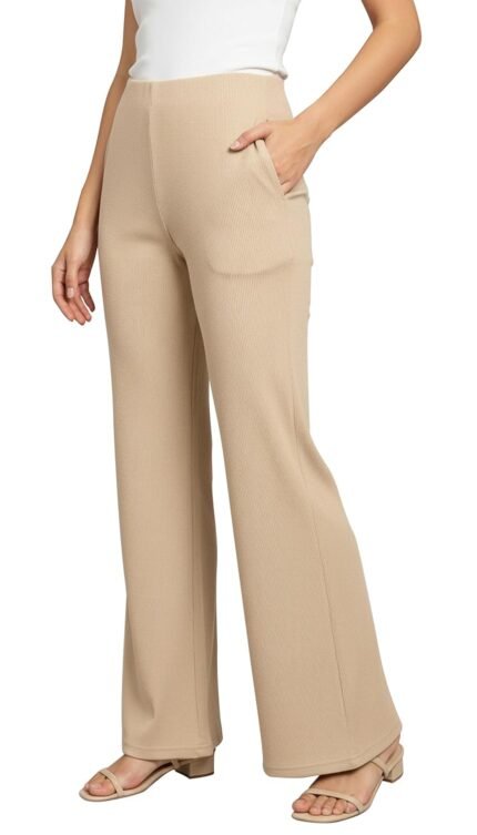 Mehrang High Waisted Wide Leg Ribbed Knit Trousers with Pockets | Casual and Stretchy Pants | for Women