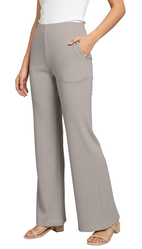 Mehrang High Waisted Wide Leg Ribbed Knit Trousers with Pockets | Casual and Stretchy Pants | for Women