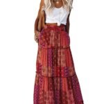 Womens Casual High Waist Tiered Paisley Print Long Maxi Skirt with Pockets