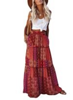 Womens Casual High Waist Tiered Paisley Print Long Maxi Skirt with Pockets