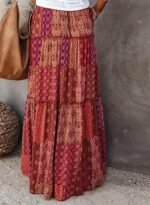 Womens Casual High Waist Tiered Paisley Print Long Maxi Skirt with Pockets - Image 2