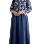 Warm Worth Denim Embroidery Kurti, Blue, Long Length 44 Inch, Floral Pattern, Round Neck, 3/4 Sleeve