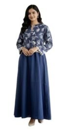 Warm Worth Denim Embroidery Kurti, Blue, Long Length 44 Inch, Floral Pattern, Round Neck, 3/4 Sleeve