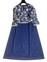 Warm Worth Denim Embroidery Kurti, Blue, Long Length 44 Inch, Floral Pattern, Round Neck, 3/4 Sleeve - Image 2