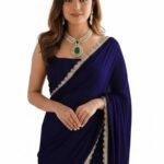 SATAZ Women's Ready To Wear Navy Blue Georgette One Minute Readymade Stitched Saree Scalloped Border With Unstitched Blouse
