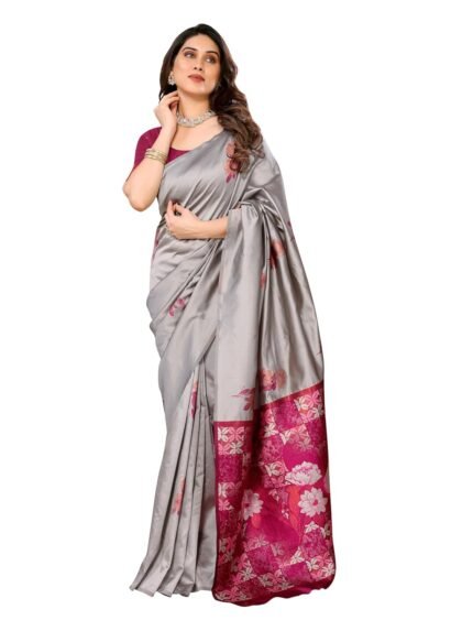 Sidhidata Women's Kanjivaram Banarasi Soft Silk Saree With Unstitched Blouse Piece (Silk Box Flower)
