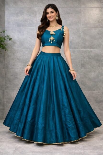 Teal Blue Lehenga Choli Set, Two-Piece Crop Top and Skirt, Golden Embellished Border, Traditional Indian Ethnic Wear