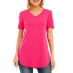 Women T-Shirt Solid Color V Neck Short Sleeve Rounded Hem Long Casual Tops-Layfoo