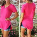 Women T-Shirt Solid Color V Neck Short Sleeve Rounded Hem Long Casual Tops-Layfoo - Image 2