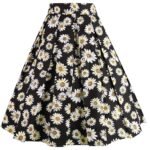 Women's Pleated Vintage Skirt Floral Print A-line Midi Skirts with Pockets Black-Daisy L