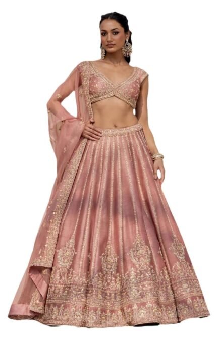 Women’s Semi-Stitched Pink Fancy Silk Zari & Sequin Embroidered Lehenga Choli with Net Dupatta