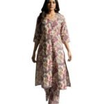 Women's Cotton Blend Printed Kurta with Trousers Set | V-Neck 3/4 Sleeve Ethnic Co-ord Set for Women | Abstract Geometric Print Straight Kurti Set