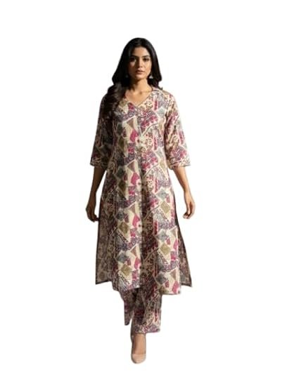 Women's Cotton Blend Printed Kurta with Trousers Set | V-Neck 3/4 Sleeve Ethnic Co-ord Set for Women | Abstract Geometric Print Straight Kurti Set