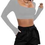 Women's Cotton Stylish Western Basic Solid Wear TV Oval Neck with Full/Long Sleeve Crop Top for Women L658