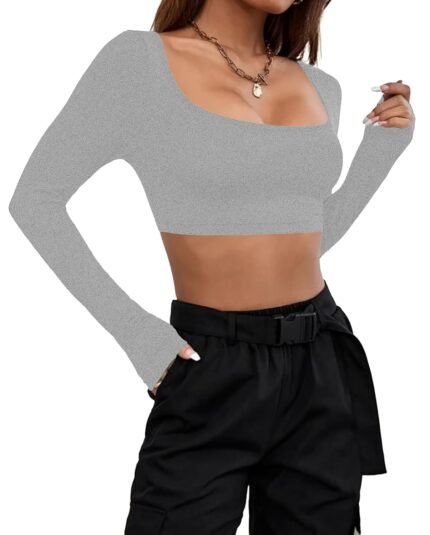 Women's Cotton Stylish Western Basic Solid Wear TV Oval Neck with Full/Long Sleeve Crop Top for Women L658