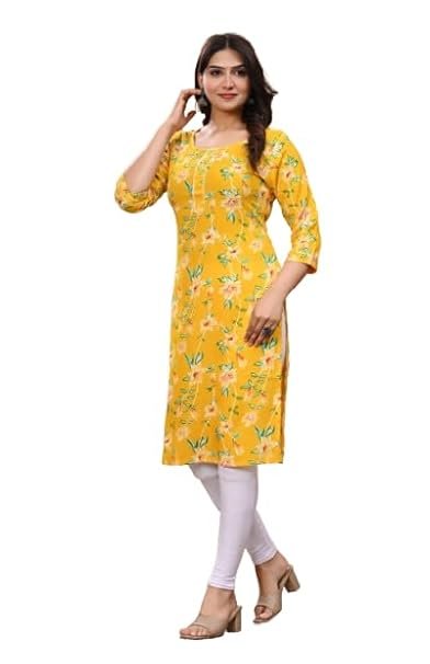 Women's Rayon Straight Kurta || Flower Print Kurta for Women (Yellow)