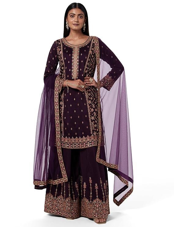 Womens Embroidered Silk Blend Straight Kurta With Palazzos and Dupatta