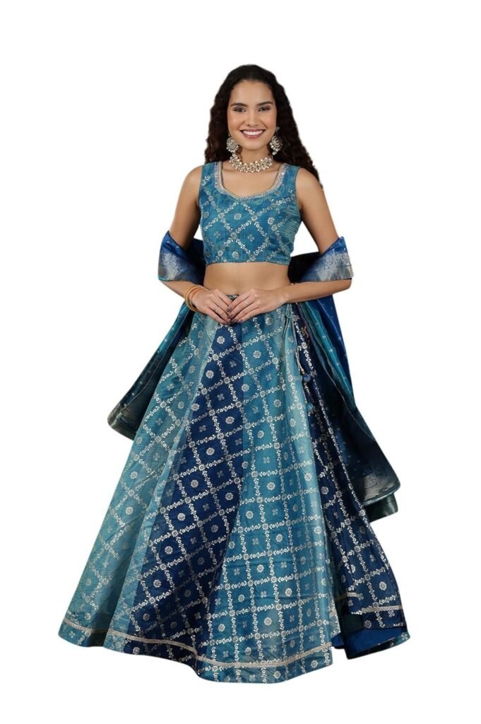 Women's Blue Printed Zari Embroidered Crop Top, Brocade Flared Skirt and Dupatta Set
