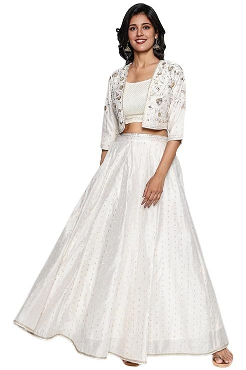 Women's Off White Dyed Printed Sequins Georgette Straight Crop Top, Skirt and Jacket Set