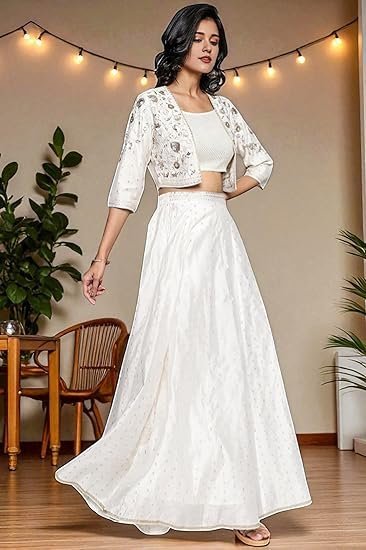 Women's Off White Dyed Printed Sequins Georgette Straight Crop Top, Skirt and Jacket Set - Image 4