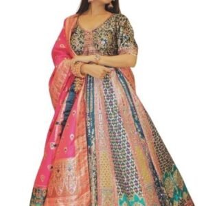 Women's Bridal Lehenga Choli Set with Pink Dupatta, Teal Green Embroidered Skirt, Traditional Wedding