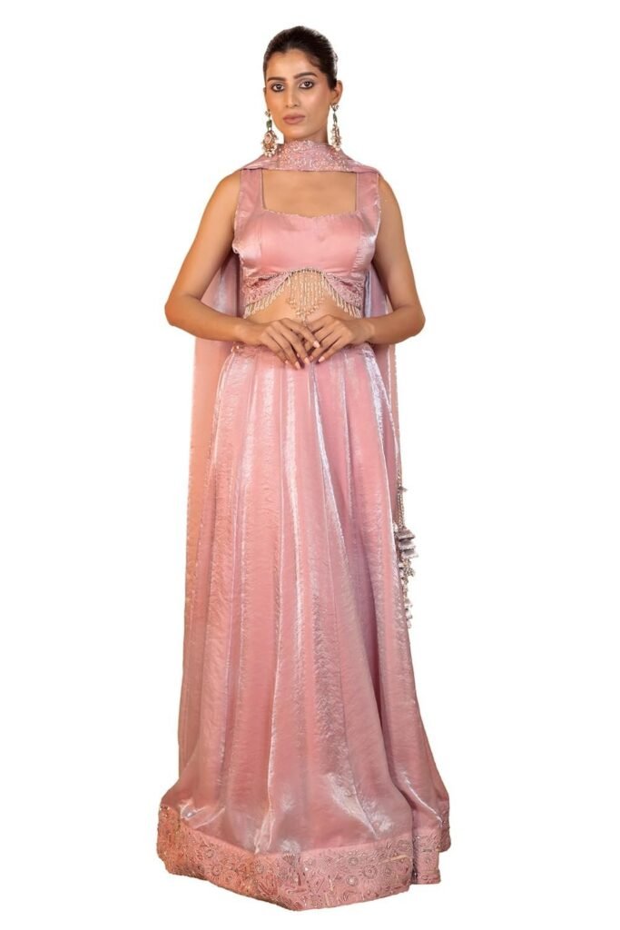 Women's Dreamy Peach Organza Hand-Embroidered Lehenga Set
