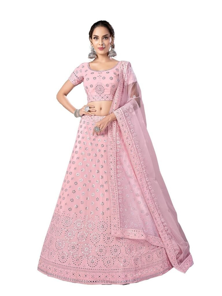 Women's Mirror and Resham work Pink color Georgette base Lehenga Choli For Women