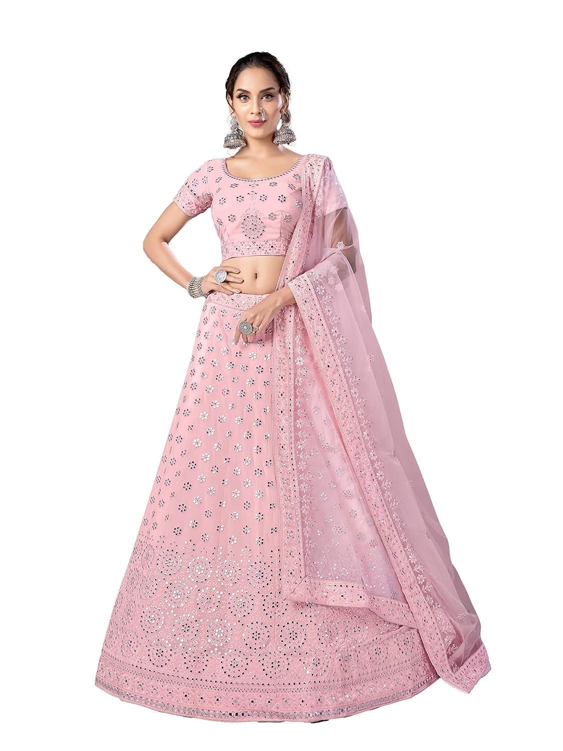 Women's Mirror and Resham work Pink color Georgette base Lehenga Choli For Women
