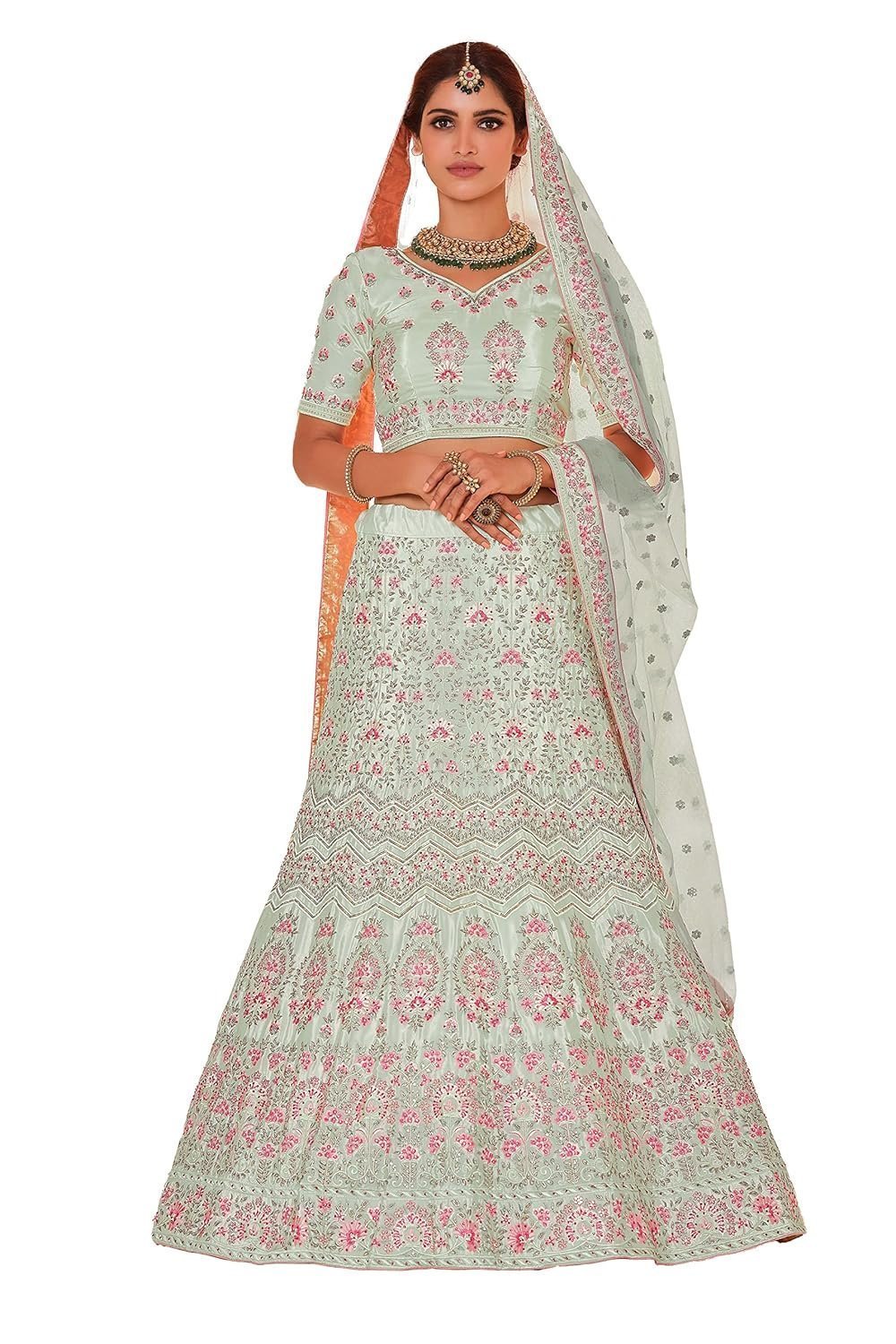 Women's Pista Green Color Crepe Fabric Thread And Stone Work Lehenga For Women