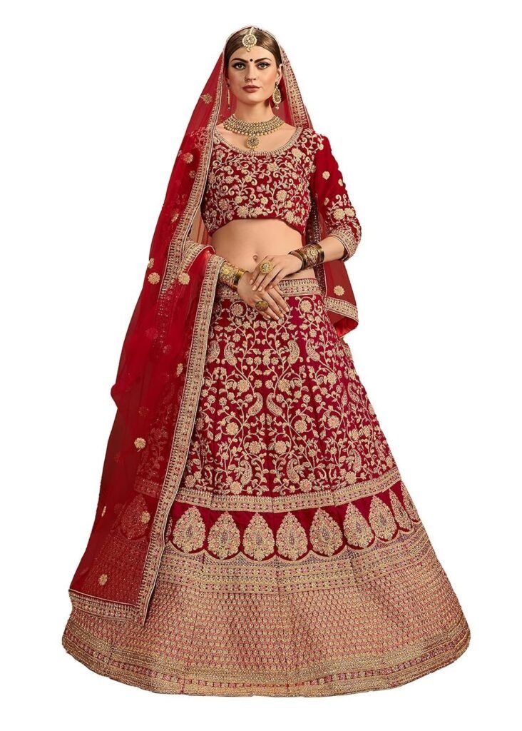 Women Velvet Lehenga Choli Semi-Stitched Red Free Size