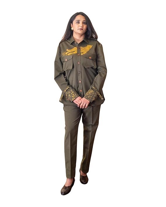 Women's Hand Painted Safari Suit with Running Cheetah Design, Two Piece Set with Shirt and Pants, Artistic Animal Print Outfit for Casual Wear, Nature Themes, or Events