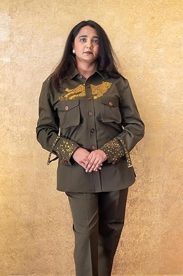 Women's Hand Painted Safari Suit with Running Cheetah Design, Two Piece Set with Shirt and Pants, Artistic Animal Print Outfit for Casual Wear, Nature Themes, or Events - Image 2