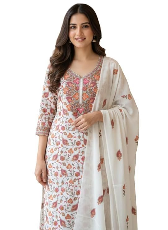 Pure Pashmina Wool Kurti Set with Dupatta Women Ethnic Suit Handwoven Soft Winter Wear Elegant Floral Design Regular Fit 3 Piece