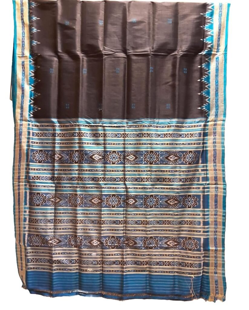 Women's silk saree black base with azure blue border, Buti all over body OC-9966