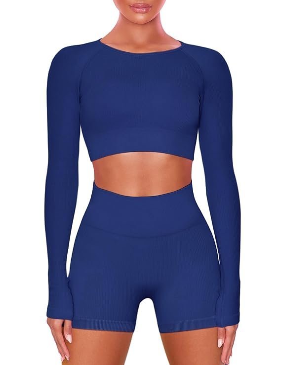 Women Workout Sets 2 Pieces Long Sleeve Yoga Outfits Gym Clothes Seamless Ribbed Crop Top High Waist Leggings