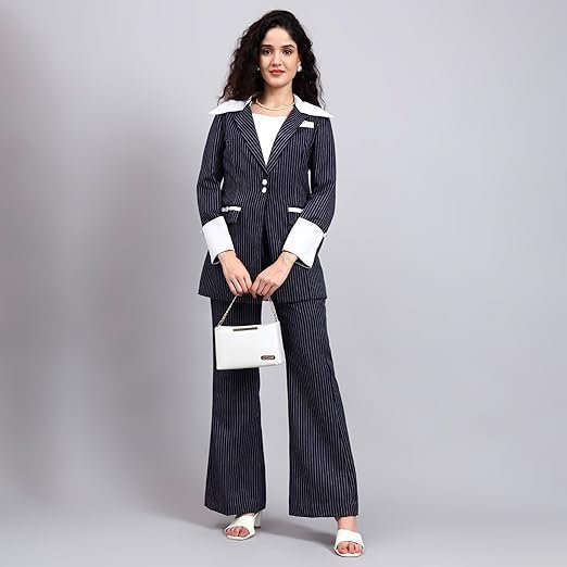 Navy Blue Oversized Blazer for Women Contrast Peak Collar & Cuffs with Tailored Wide-Leg Pants, Chic Office & Evening Co-Ord Outfit - Image 3