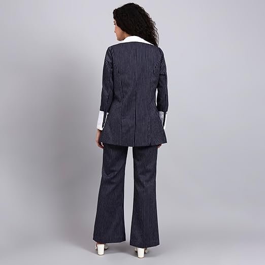 Navy Blue Oversized Blazer for Women Contrast Peak Collar & Cuffs with Tailored Wide-Leg Pants, Chic Office & Evening Co-Ord Outfit - Image 4