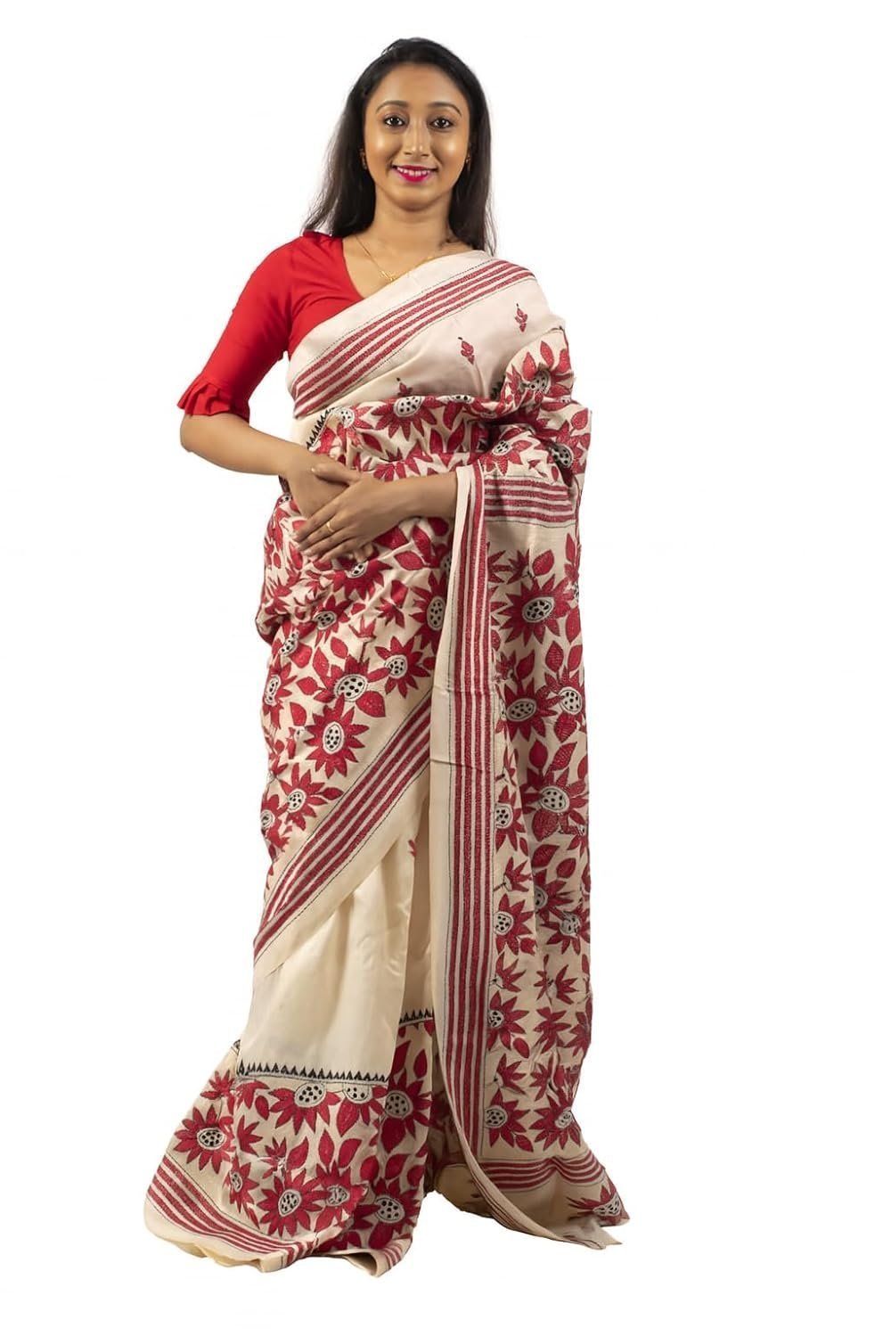 Women's Beige Colour Pure Tussar Silk Hand Embroidered Red Floral Motif Kantha Stitch Saree From Bengal