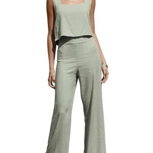 Women's Summer 2 Piece Outfits Sleeveless Square Neck Tops Wide Leg Pants set Jumpsuit with Pockets
