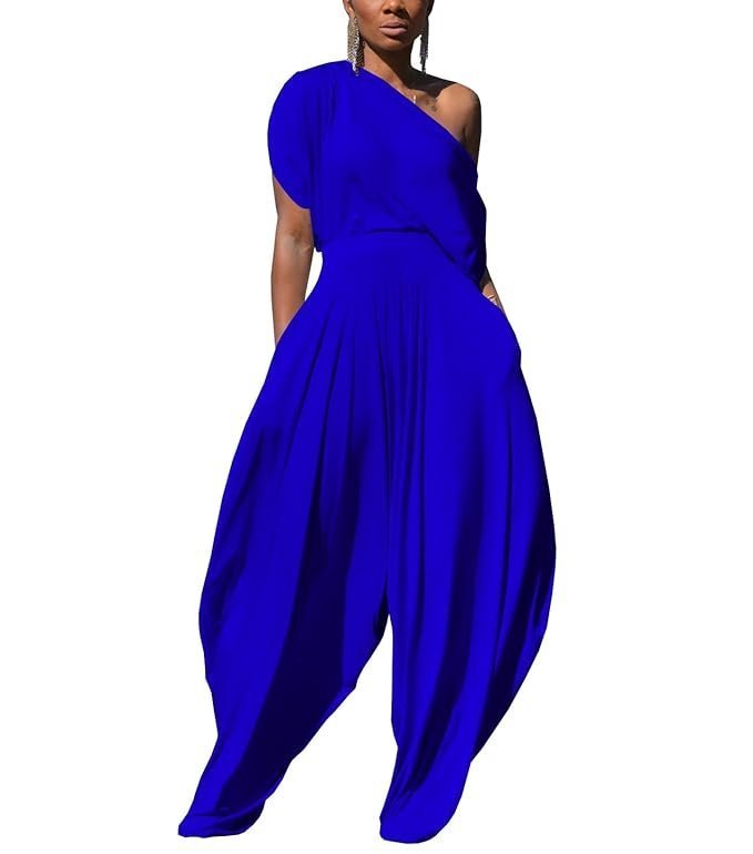 Womens 2 Piece Outfits Solid Short Sleeve Off One Shoulder Pullover Top and Loose Harem Pants Set Tracksuits