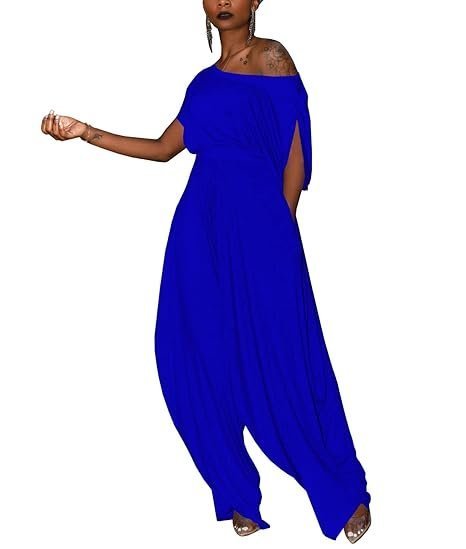 Womens 2 Piece Outfits Solid Short Sleeve Off One Shoulder Pullover Top and Loose Harem Pants Set Tracksuits - Image 3