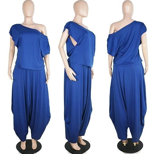 Womens 2 Piece Outfits Solid Short Sleeve Off One Shoulder Pullover Top and Loose Harem Pants Set Tracksuits - Image 4