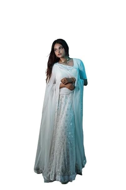 Women's white mirror work lehenga for women and girls (fits Small, Medium, Large)