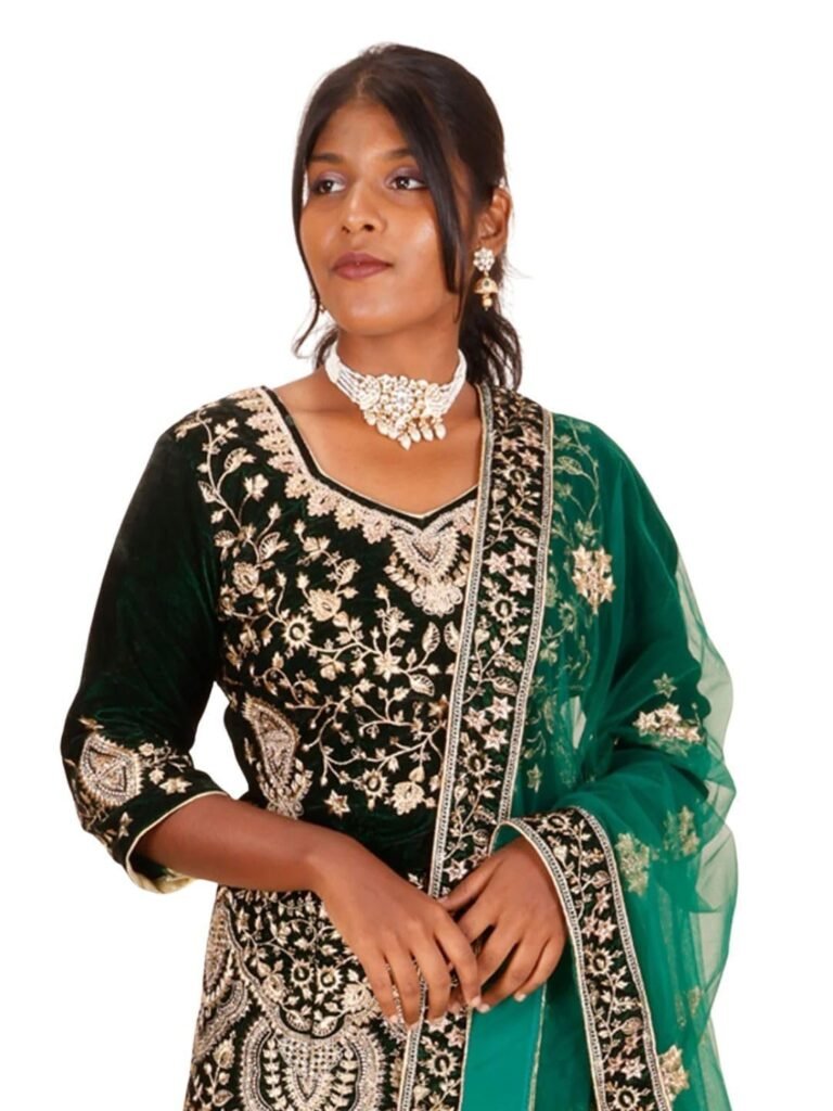 Women's Green & Black Embroidered Lehenga Set | Net Silk & Velvet | Sequin Work | Free Size | 42-Inch Flared Skirt with 7-Inch Border | 18-Inch Top Length | 228 cm Dupatta