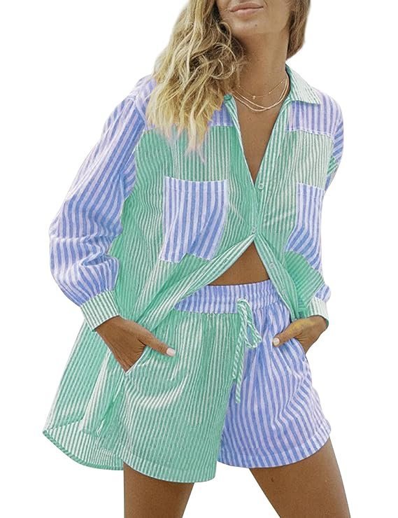 Women’s 2 Piece Casual Tracksuit Outfit Sets Stripe Long Sleeve Shirt And Loose High Waisted Mini Shorts Set